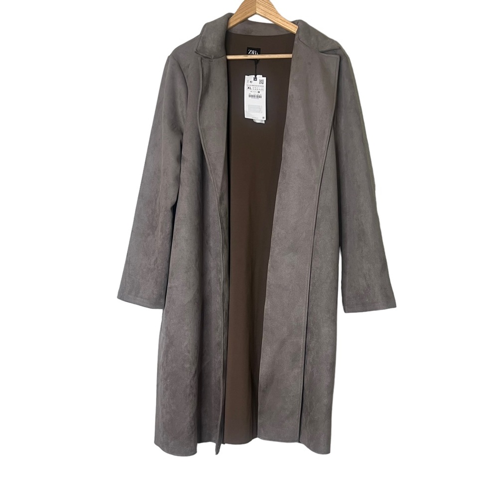 NEW Zara Faux Suede Open Front Long Coat